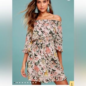 LULU’S | Hello, Darling Blush Pink Floral Print Off-the-Shoulder Dress